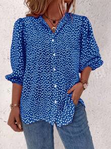 EMERY ROSE Floral Single Button Casual Daily Mid-Sleeve Shirt For New Year Clothes - Blue - View 3