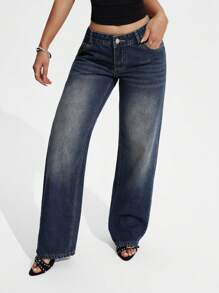 SHEIN ICON Women's Casual Pockets Button Straight-Leg Jeans - Dark Wash - View 6
