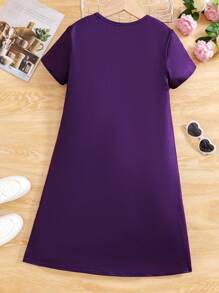 SHEIN Tween Girl Loose Casual Round Neck Cartoon Print Short Sleeve Pullover Dress - Purple - View 3