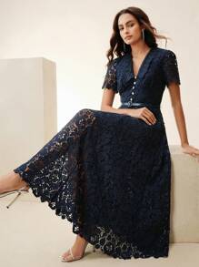 Anewsta 女式V领束腰优雅修身水溶蕾丝中长连衣裙