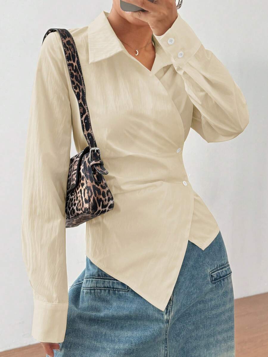 Flirla Damen Lässig vielseitige Kreuzüberschlag Krawattenhalskragen geschnürte Taille Langarm Bluse