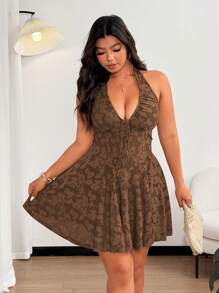 SHEIN Clasi Plus Size Solid Color Jacquard Plunging Backless Halter Dress - Brown - View 4