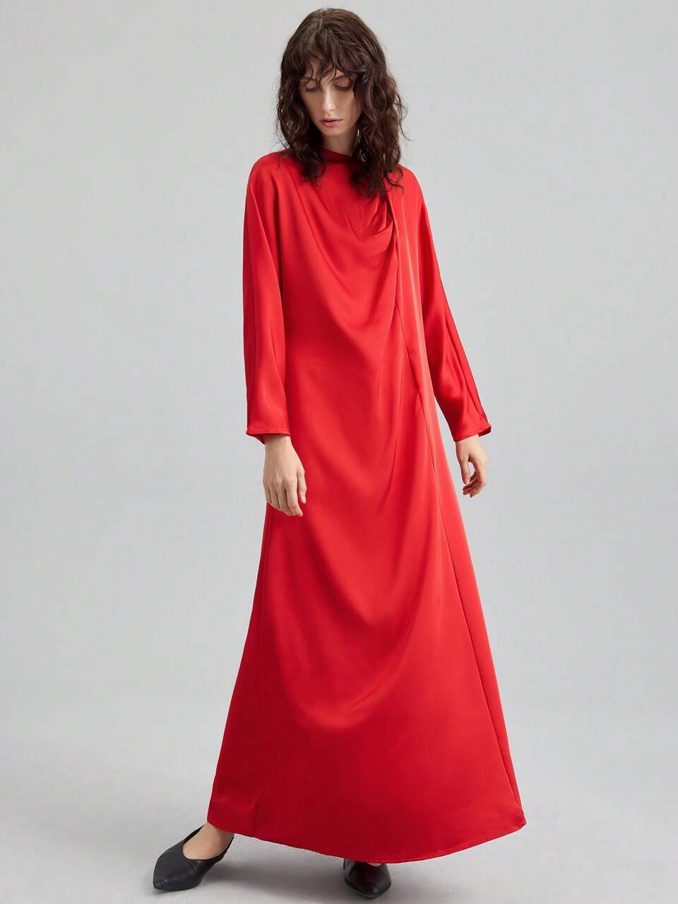2025 New Elegant & Stylish Women's Long Sleeve Asymmetric A-Line Midi Dress, Red, Minimalist Design, Suitable For Party, Date, Valentine's Day
