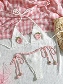 Swim Mod 2pcs/Set Vacation Embroidery Front Buttons Short Sleeve Blouse & Drawstring Waist Shorts For Summer - White - View 6
