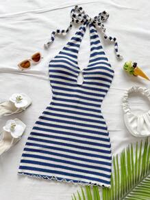 Soleia New Vacation Red Knit Striped Halter Backless Mini Dress - Blue and White - View 3