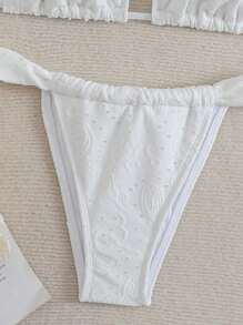 SHEIN Swim 女式夏季纹理面料抽绳系带分体泳衣套装 - 白色 - 查看 4