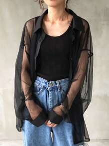 FRIFUL Women Mesh Oversized Long Sleeve Casual Blouse, Spring Summer,Ruffle Sheer,Fall Women Clothes