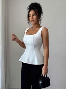 Elenzga 女士优雅精致方领前开叉无袖上衣，适合办公室、通勤、下午茶、派对、度假、休闲春夏 - 白色 - 查看 4