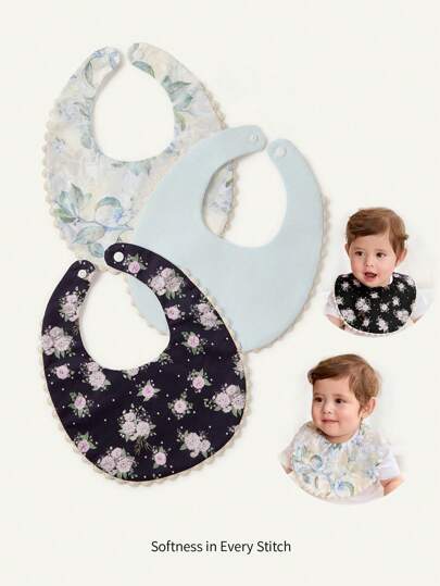 Cozy Pixies 3pcs/Set Ditsy Floral Bib Suit, Newborn Bibs, Suitable For Newborn Gifts And Mealtimes