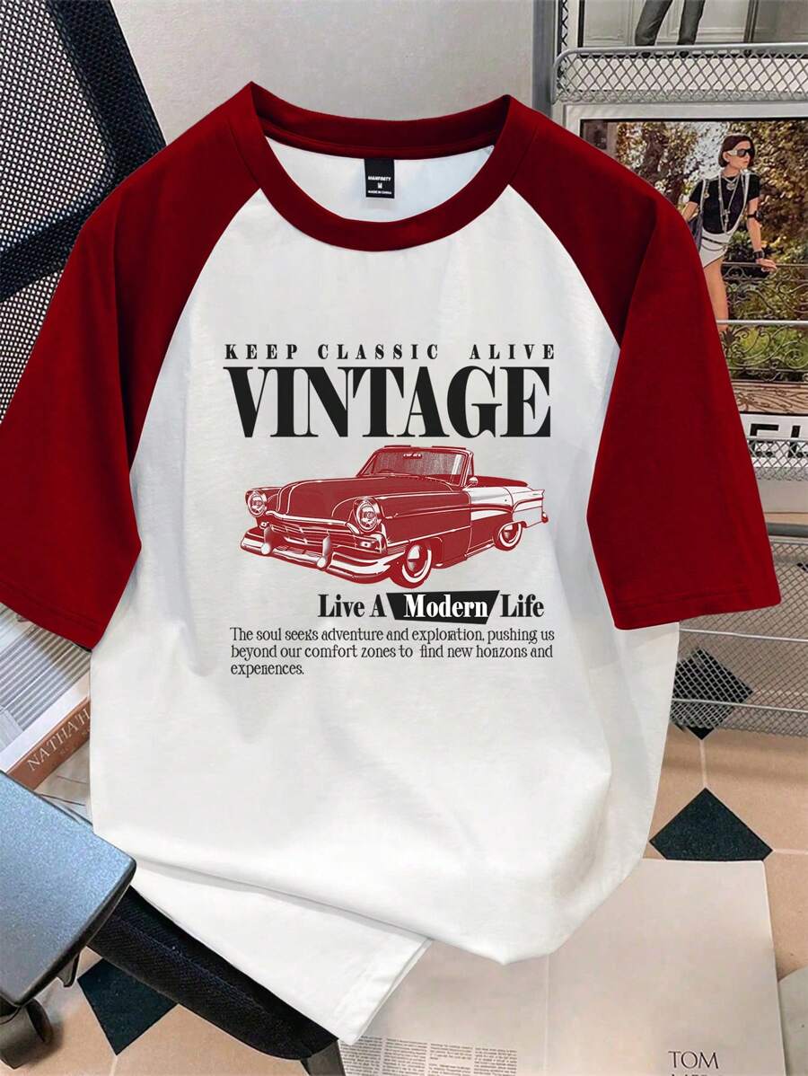 Manfinity Joysei Men's Standard Size Vintage Car Graphic Red Raglan Sleeve T-Shirt, Suitable For Summer, Gift For Friends Classic Car Tshirt Vintage Tees - Multicolor - View 1