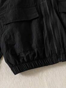 SHEIN Explorewe Tween Girls Hooded Long Sleeve Zip-Up Short Casual Jacket Fall Winter - Black - View 5