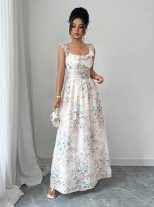 Elenzga Elegant Charming Floral Print Strap Waist Cinched Luxury Maxi Dress - Multicolor - View 5