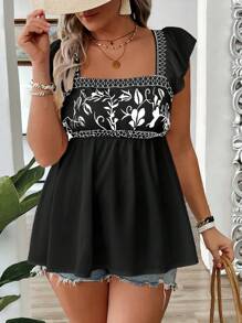 SHEIN Holidaya 大码女式方领无袖荷叶袖刺绣收腰度假风白色衬衫 - 黑色 - 查看 1