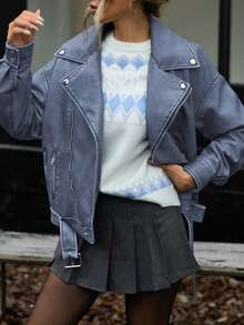 Aveloria GENKIRA 复古水洗 PU 皮革翻领宽松摩托车夹克 - 藍色 - 查看 1