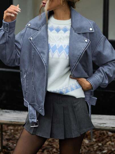 GENKIRA 复古水洗 PU 皮革翻领宽松摩托车夹克