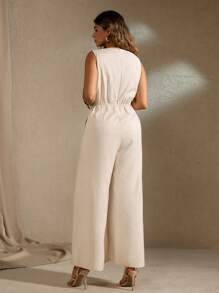 Roveilla Mono elegante de talla grande para mujeres, con escote en V, nudo a la cintura, pierna ancha suelta, sin mangas, estilo romántico francés, apto para vacaciones, oficina o fiesta