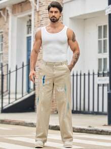 Mainfolk Men's Long Khaki Denim Streetwear Pants Zippered Paint Splatter Detail Avant-Garde Hip-Hop Style - Khaki - View 7