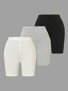 Sparklyn Bộ 3 quần legging dệt kim ngắn màu trơn thường ngày cho bé gái mới biết đi, mùa xuân/hè - Nhiều màu - Xem 3