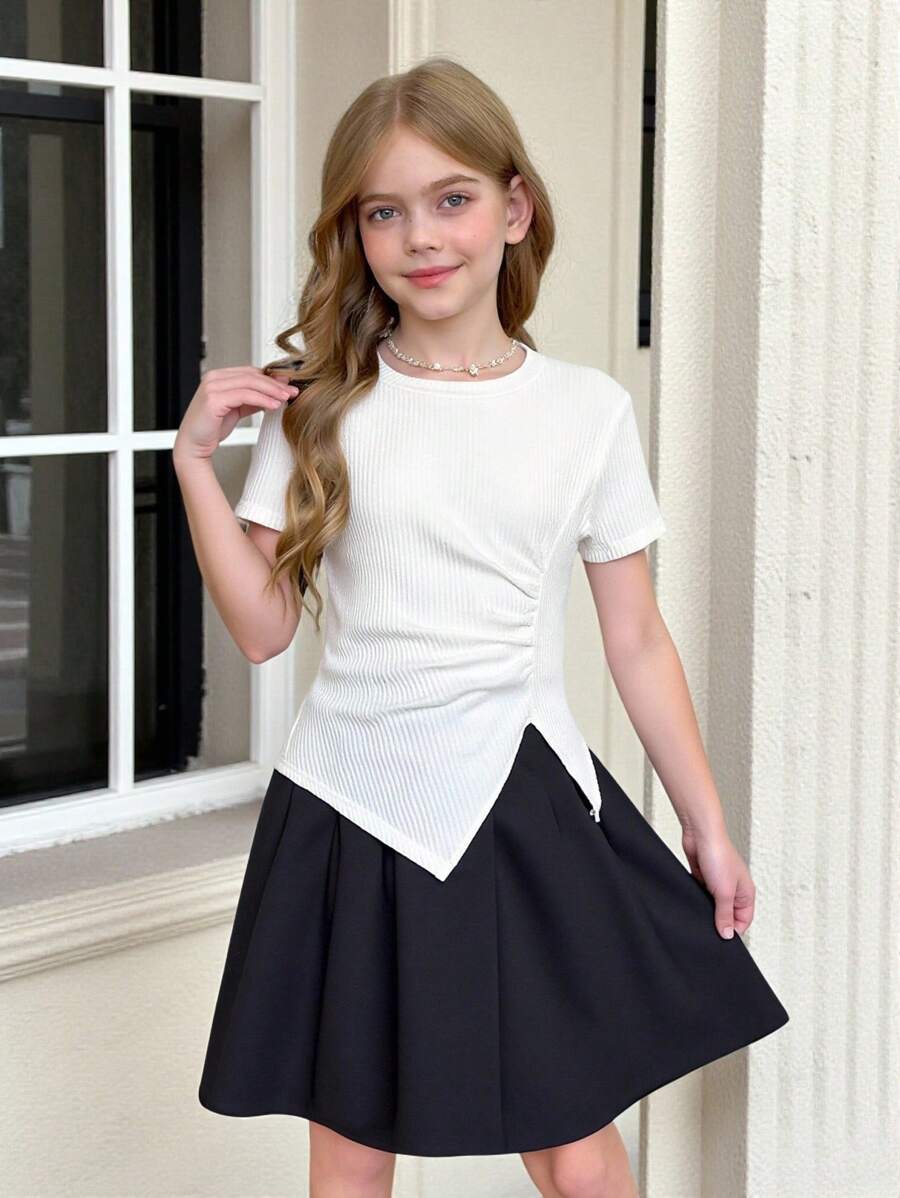 SHEIN Tween 女童休闲时尚法式优雅圆领不对称褶皱开衩白色短袖 T 恤，春夏 - 白色 - 查看 1