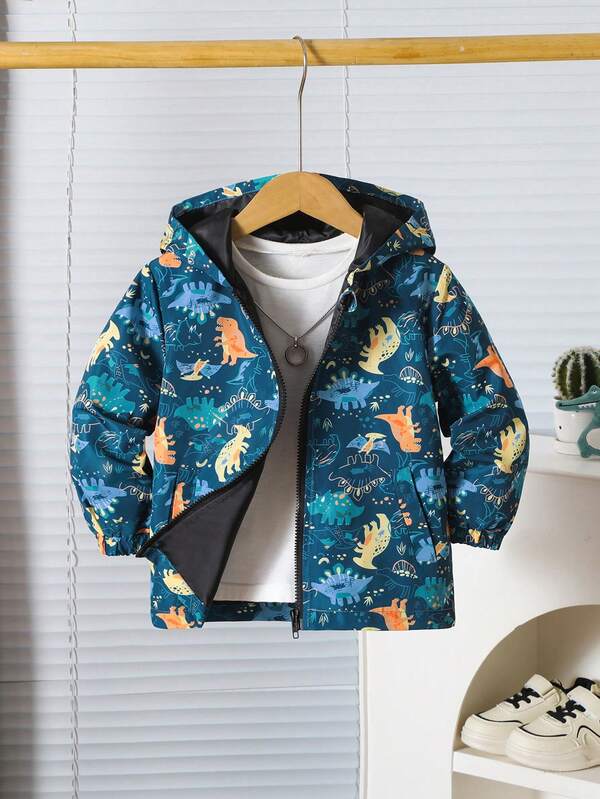 Nouvelle veste coupe-vent à capuche décontractée pour jeune garçon, avec imprimé dinosaure, super mignonne et mode
