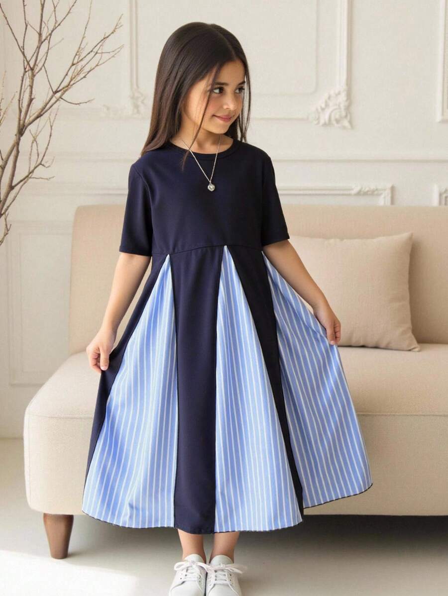 SHEIN فستان صيفي قصير الأكمام مخطط ومتعدد الألوان لفتيات المراهقة بياقة مستديرة - أبيض - مشاهدة 1