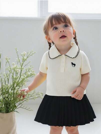 Souflis Souflis 2pcs/Set Baby Girl Infant Toddler 0-3 Years Old Casual & Elegant Polo Shirt Top And Pleated Skirt Outfit Set