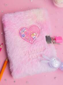 SHEIN A6 刺绣字母珠心毛绒笔记本带锁，1 个，适用于学生日记、女孩日记本、男孩和女孩礼物，含 80 张 - 彩色 - 查看 9