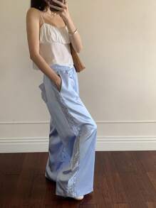 Muchica Women's Lace Patchwork Solid Color Elastic Waist Elegant Pants - Blue and White - View 9