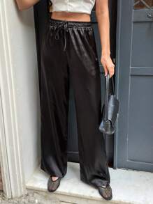 EURMUSE Tall Tall Size Women Pastal Wide Leg Pants With Elastic Waist Golf Girlisim - Black - View 4