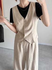FRIFUL Women's Fitted Sleeveless Vest And Wide Leg Pants With Long Belt 2 Pieces Set, Summer Lounge Sets For Women - Apricot - View 5