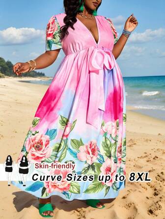 SHEIN CURVE+ 大码女士度假、浪漫、正式、优雅春夏女士大码 V 领扭曲泡泡袖领带印花 A 级长裙女士沙滩装/沙滩裙/沙滩度假装/沙滩必需品/毕业/茶会礼服夏季/乡村/海滩度假装/沙滩装/沙滩装