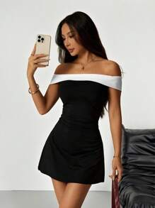 SHEIN PETITE Women's Off Shoulder Solid Color Patchwork Slim Fit Short Dress,Club Outfits Women Sexy