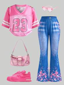 SHEIN Teen Girls' Letter Print Short Sleeve T-Shirt And Flared Jeans-Look Pants Set, Summer
