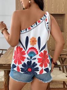 Weeklong Plus Size Women Floral Print Sleeveless Blouse For Outdoor & Holiday - White - View 2