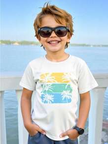 Camiseta de manga corta de punto con cuello redondo y estampado de vacaciones lindo y casual para niños pequeños, adecuada para el trayecto, la escuela, el uso diario casual, las vacaciones, los deportes, la primavera, el verano, el otoño y el invierno