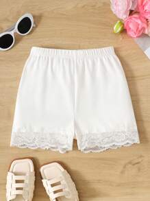 Tween Girls Casual Fashionable White Knit Lace Trim Snug Fit Shorts