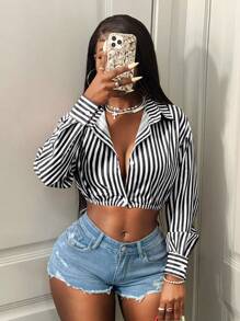 BamGleam Women's Long Sleeve Single-Breasted Striped Cropped Sexy Shirt Fall Cloth For Women - Black and White - View 3