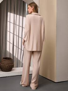 SHEIN Tall Conjunto informal de 2 piezas para mujer alta, compuesto por una camisa de manga larga con caída en los hombros de unicolor y pantalones con cintura de amarre propio