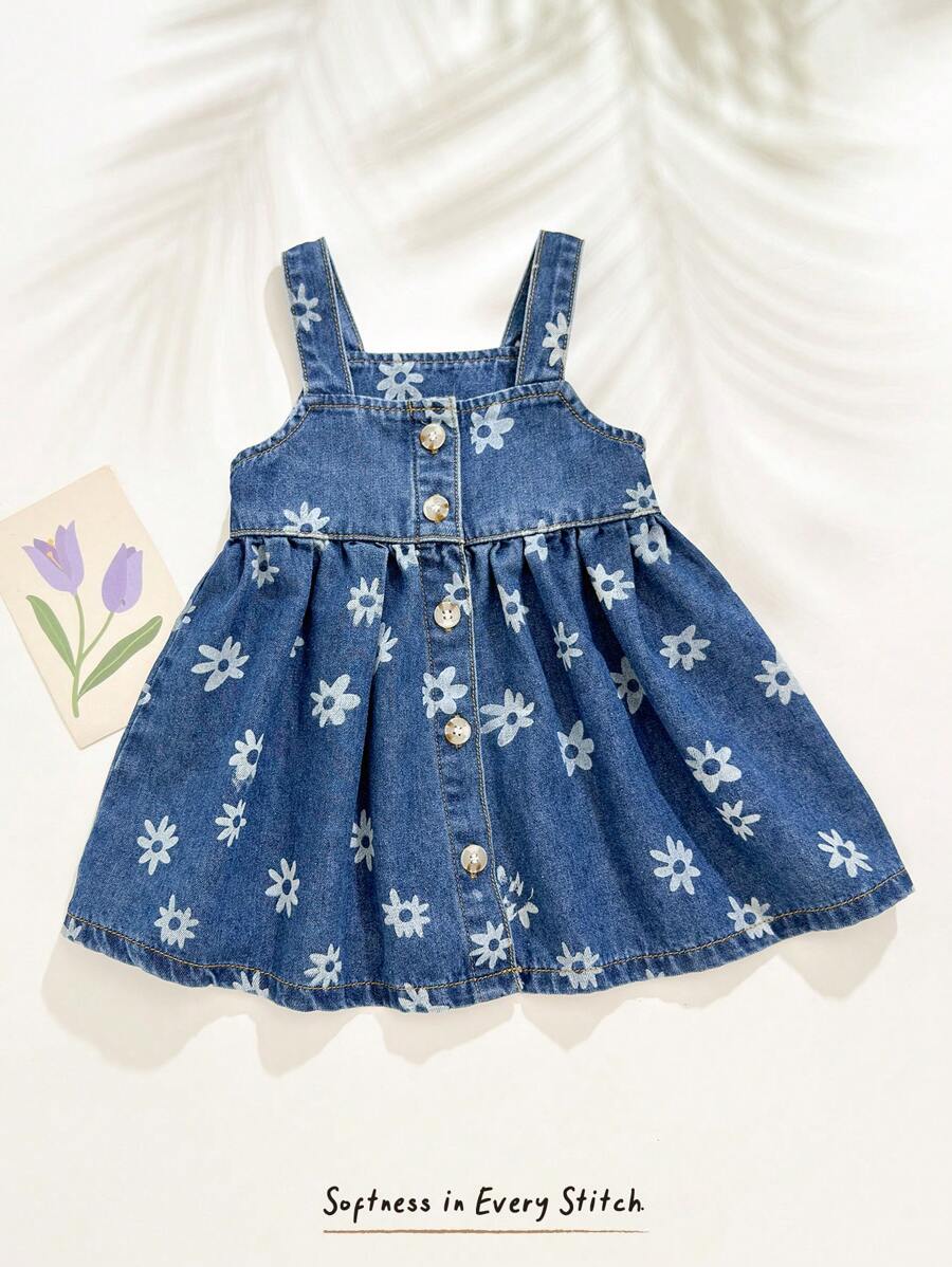 Cozy Pixies 女婴花卉图案无袖高腰牛仔连衣裙 - 藍色 - 查看 1