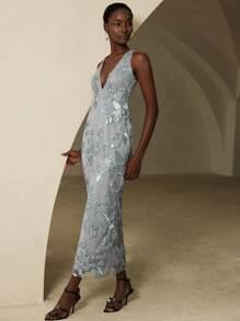 Aveloria Rosie 优雅精致的派对礼服，高端 3D 花卉泡泡袖面料，深 V 领无袖女式连衣裙 - 深灰色 - 查看 6