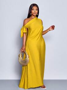 SOLERSUN 女式加大码春夏纯色优雅派对度假日常通勤节日聚会无袖单肩长裙 - 芥末黃 - 查看 3