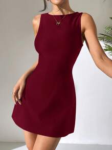 SHEIN EZwear Summer Dresses Classy Elegant Red Sleeveless Woven Backless Mini - Burgundy - View 5