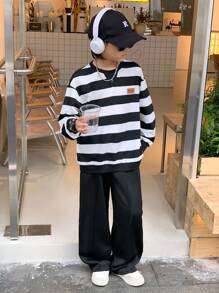 SHEIN 2pcs/Set Tween Boy Casual Korean Style Loose Striped Crew Neck Long Sleeve Sweatshirt And Pants Set, Suitable For Commuting, School, Daily Casual Wear, Sports, Autumn/Winter, Back To School Season Fall