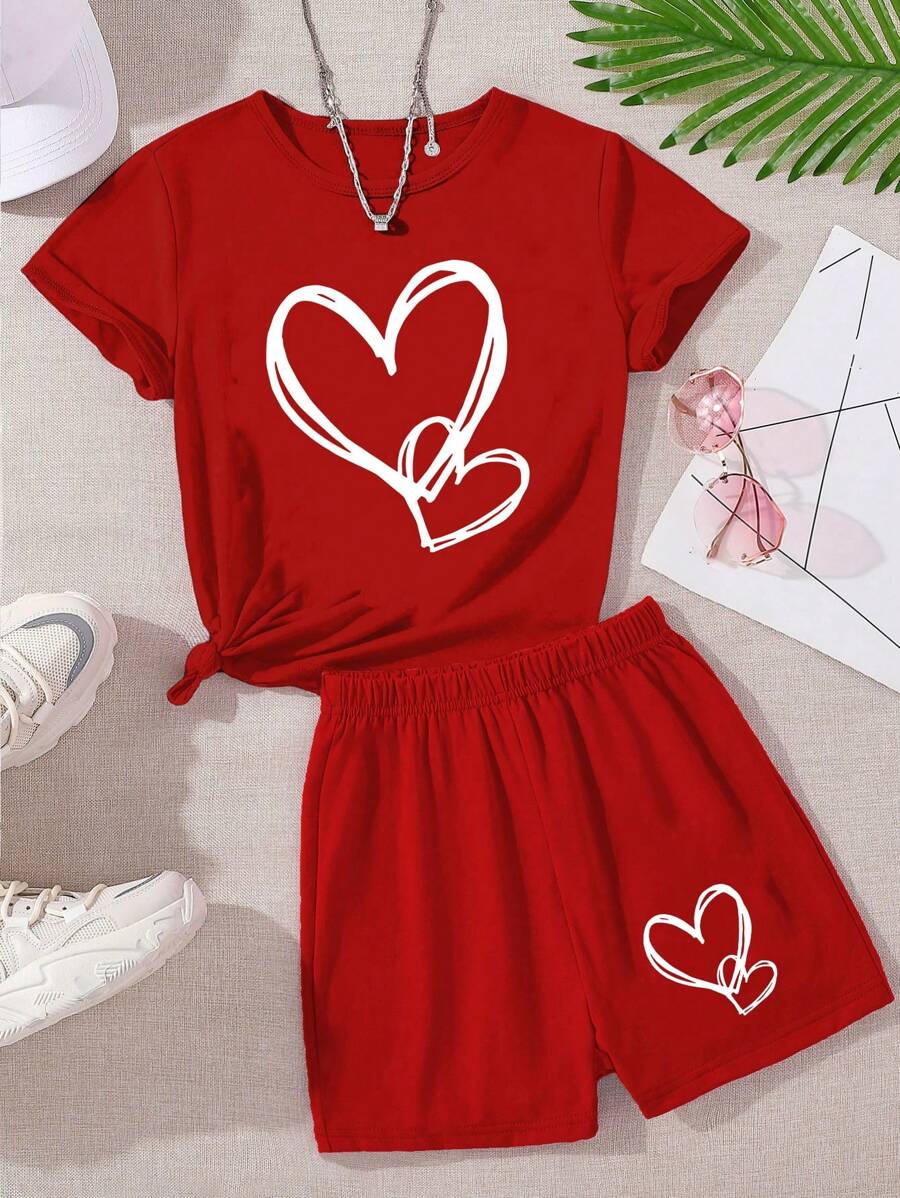 SHEIN Tween Girls' Korean Style Energetic Double Heart Print Casual T-Shirt Set, Suitable For Summer Beach, Camping, Sports, Birthday, Girls Summer Holiday - Red - View 1