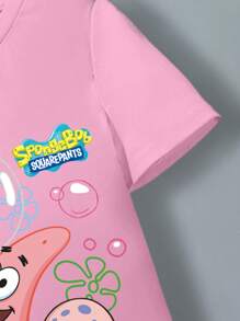 SpongeBob SquarePants | SHEIN Young Girl Round Neck Short Sleeve Pink Comfortable Casual Cute Cartoon Patrick, Sandy, Gary Floral & Letter Pattern Summer Dress