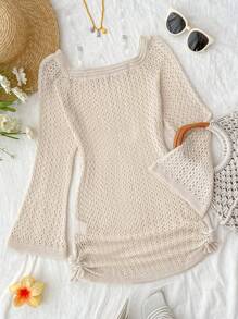 SHEIN Teen Girls Off Shoulder Knot Side Cover Up Dress, Ruched Hip & Tie Design, Suitable For Beach, Vacation