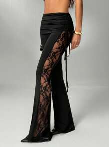 SHEIN Tall Quần ống loe xếp nếp có dây rút eo gợi cảm màu đen cho nữ đi biển - màu đen - Xem 6