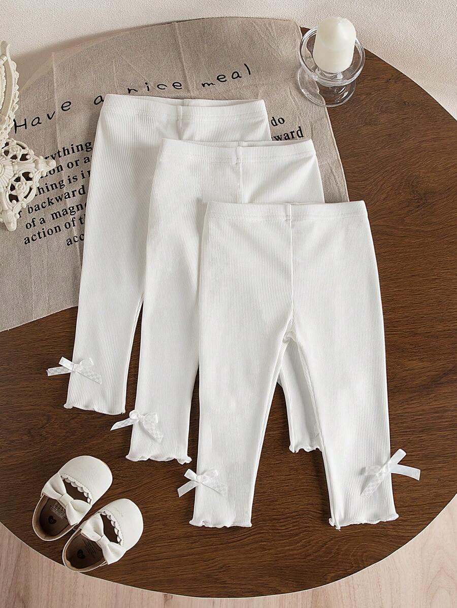 SHEIN Vintaside Kids 三件套纯白色女童打底裤,带蝴蝶结装饰。春、秋、夏新品现已上市。舒适、时尚、甜美、可爱、简约,是日常穿着的必备单品。秋冬季也适用。 - 白色 - 查看 1