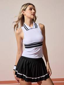CourtClass Women's White Ribbed Polo Tank Top With Black Stripes. This Sleeveless Activewear Is Perfect For Sports, Workouts, Or Everyday Casual Wear. - White - View 7