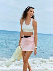 In My Nature Women's Waist Buckle Designed Pocketed Casual Outdoor Culotte Pants - Pink - View 3